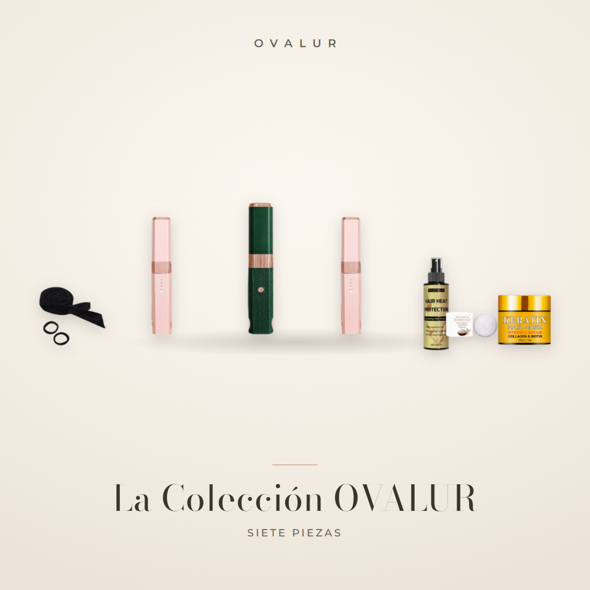 La Colección OVALUR: tres planchas inalámbricas, diadema rizadora, protector térmico, jabón de arroz y mascarilla reparadora — OVALUR