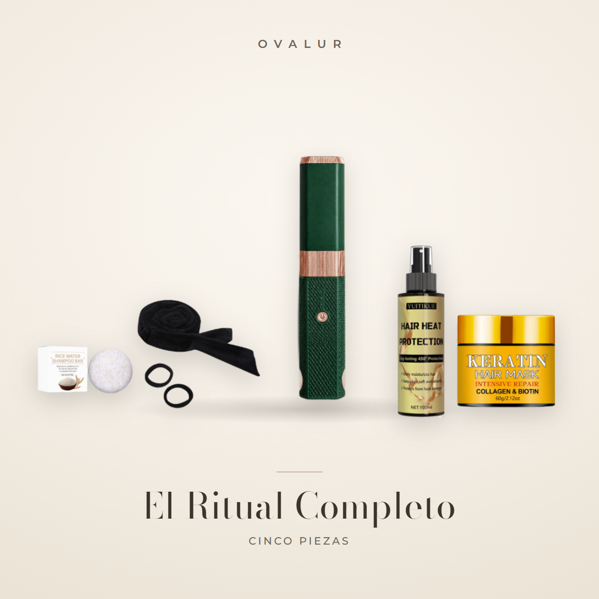 El Ritual Completo: plancha inalámbrica, diadema rizadora, protector térmico, jabón de arroz y mascarilla reparadora — OVALUR