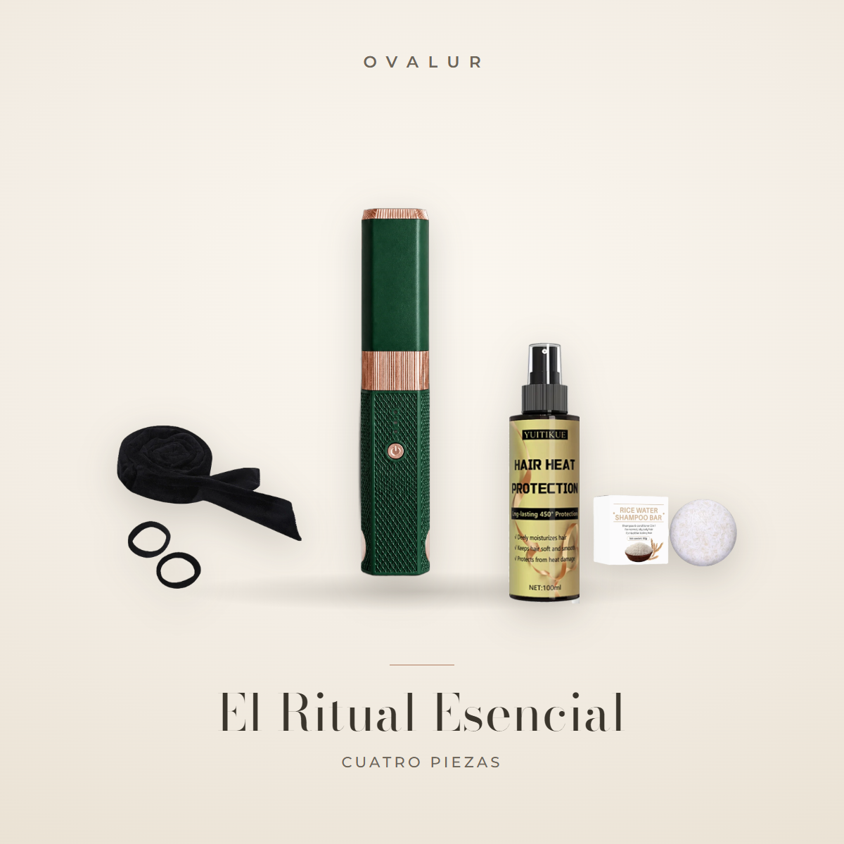 El Ritual Esencial: plancha inalámbrica, diadema rizadora, protector térmico y jabón de arroz — OVALUR